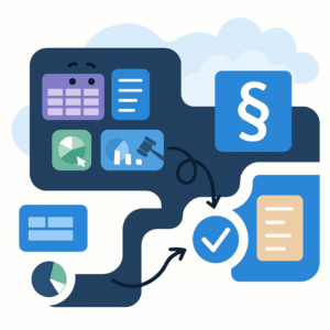 Illustration du workflow de conformité réglementaire 2025 avec icônes de contrôle et validation